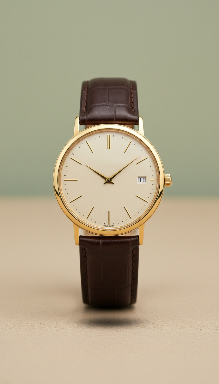 Gold dress watch with calfskin leather strap